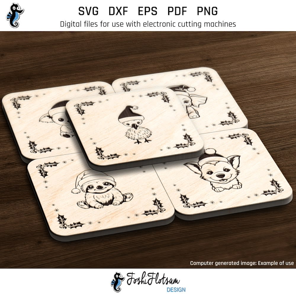 Coaster SVG - square Christmas animal SVG coaster set An example of 5 laser-engraved square Christmas animal coasters included in this coaster SVG bundle.
